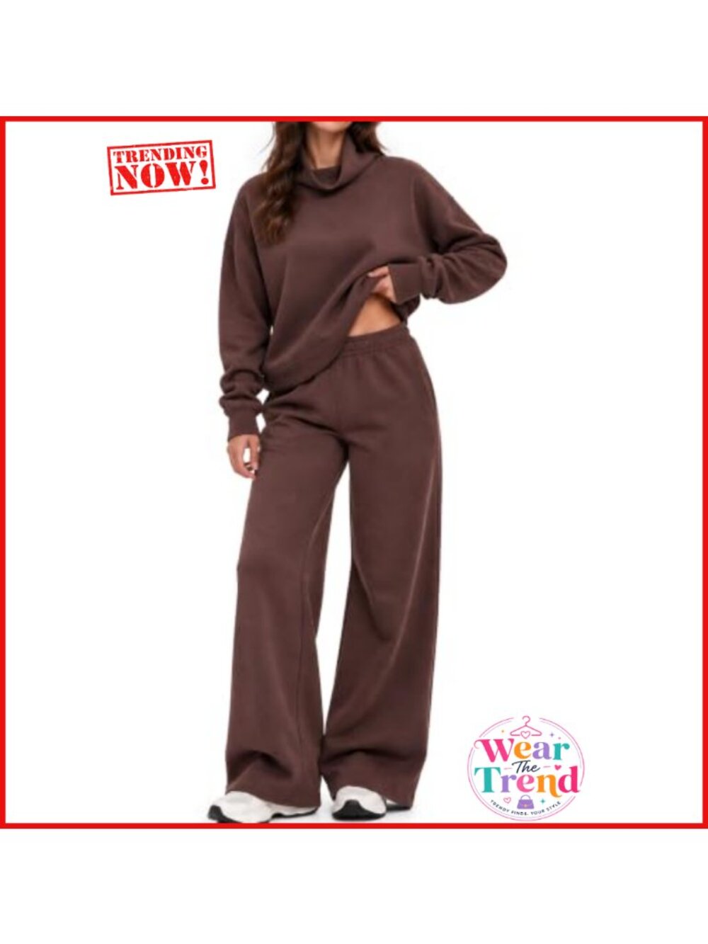 2 Piece Fleece Lined Mock Neck Sweatshirt & Wide Leg Sweatpants Lounge Set